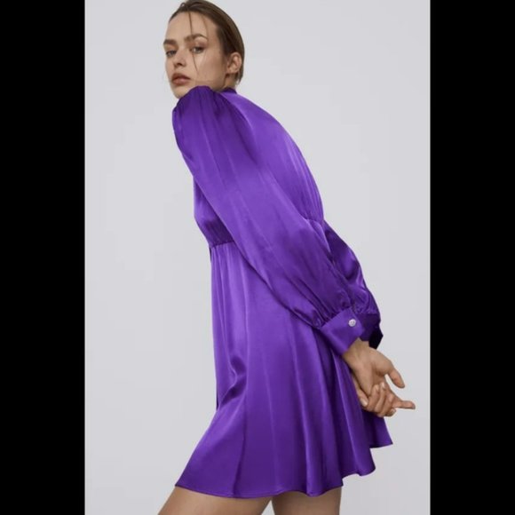 Zara Purple Satin Effect Jewel Buttoned Mini Dress Size L - Picture 3 of 12